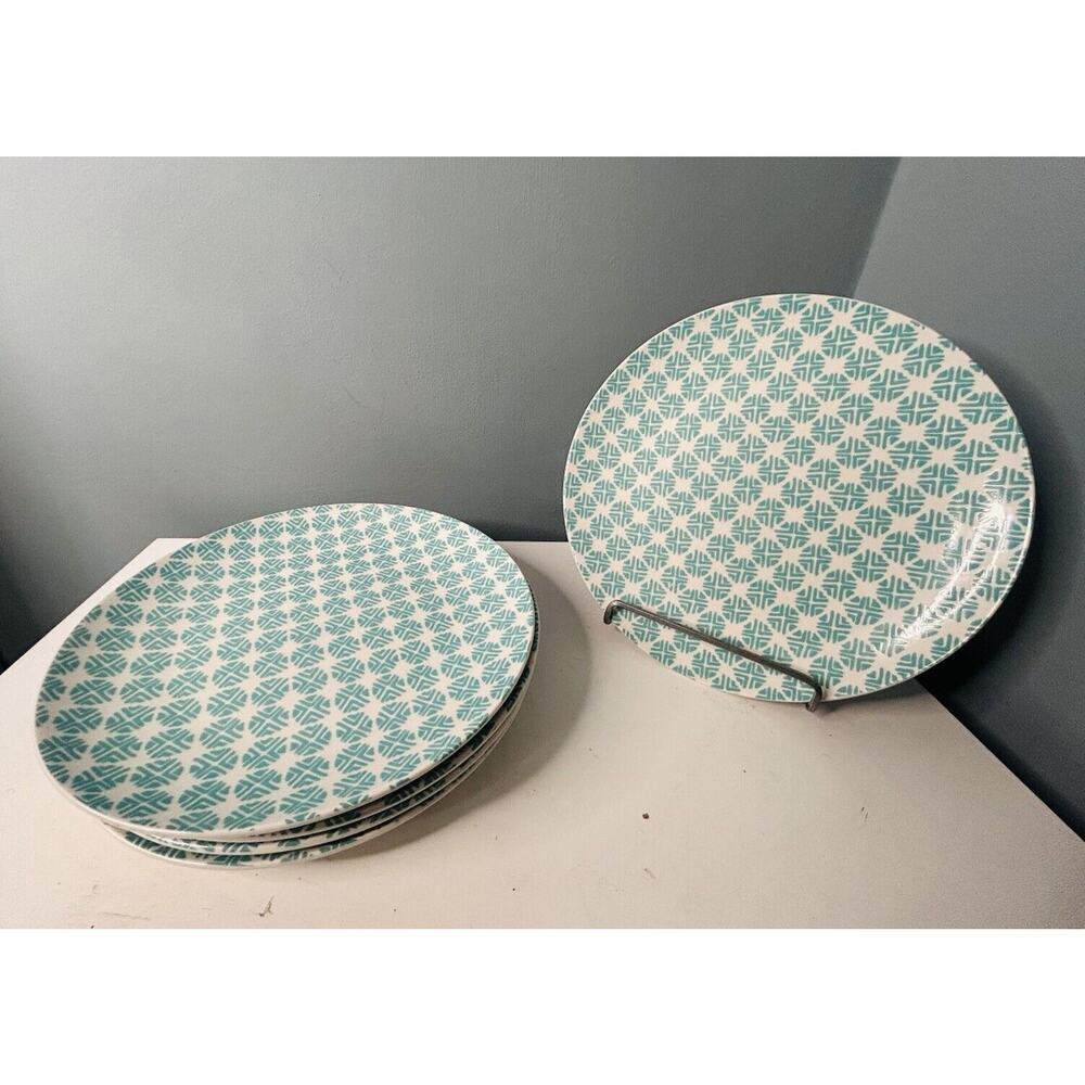 (5) Mainstays Aqua Teal White Dinner Plates 10.25 Inch Diameter Great Condition
